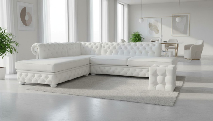 Light blue corner sofa with stool, large textile fabric Chesterfield sofas, 2-piece furniture.