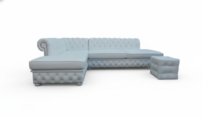 Light blue corner sofa with stool, large textile fabric Chesterfield sofas, 2-piece furniture.