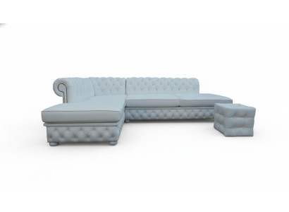 Light blue corner sofa with stool, large textile fabric Chesterfield sofas, 2-piece furniture.