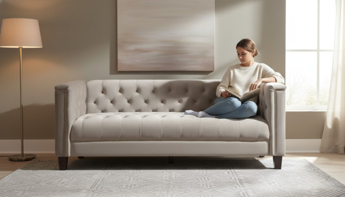 Light gray three-seater textile Chesterfield living room modern design couch sofa