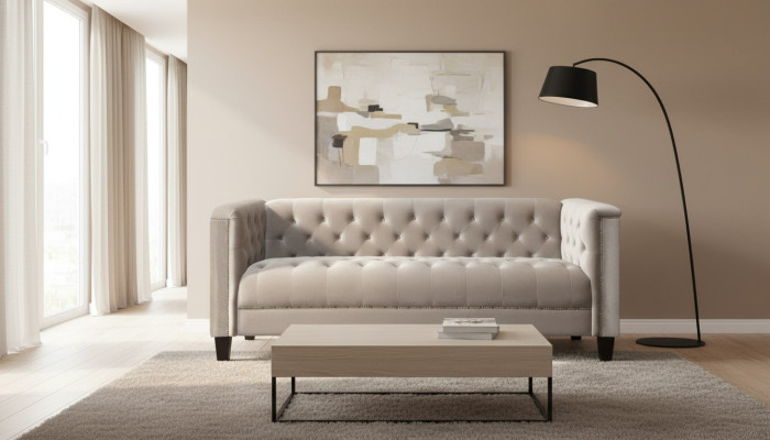 Light gray three-seater textile Chesterfield living room modern design couch sofa