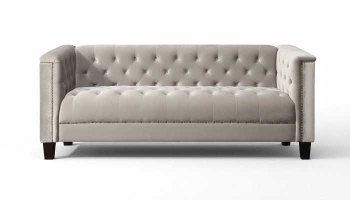 Light gray three-seater textile Chesterfield living room modern design couch sofa