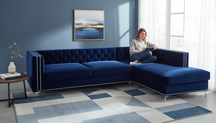 Blue corner sofa, XXL living landscape, furniture design couch, corner set upholstery, big Chesterfield.