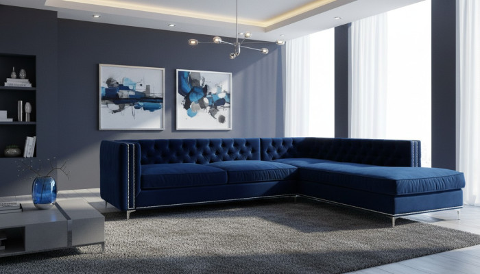 Blue corner sofa, XXL living landscape, furniture design couch, corner set upholstery, big Chesterfield.
