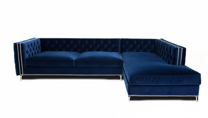 Blue corner sofa, XXL living landscape, furniture design couch, corner set upholstery, big Chesterfield.