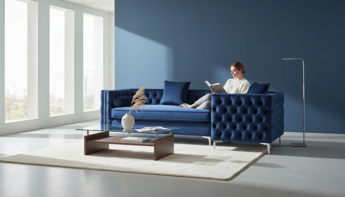 Blue sectional sofa, Chesterfield corner sofa set, upholstery, velvet fabric, corner furniture design