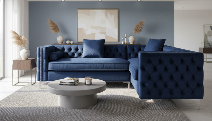 Blue sectional sofa, Chesterfield corner sofa set, upholstery, velvet fabric, corner furniture design