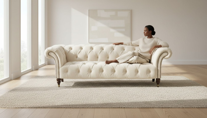 Beige Chesterfield Three-Seater Modern Design Couch Fabric Sofa Designer Furniture