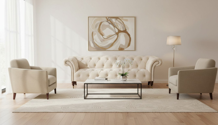 Beige Chesterfield Three-Seater Modern Design Couch Fabric Sofa Designer Furniture
