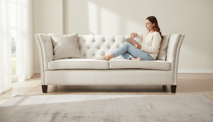 Chesterfield two-seater light gray fabric living room design upholstered sofa creative