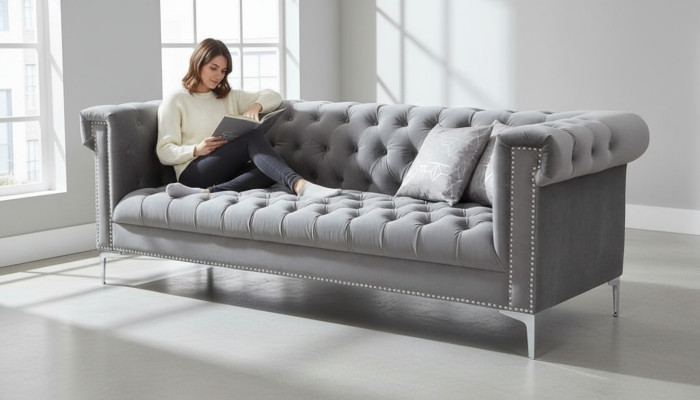 Gray Chesterfield Three-Seater Fabric Living Room Design Couches Upholstered Sofas New