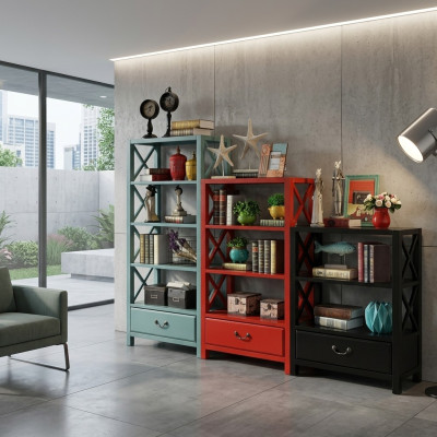 Display case wood shelf room divider designer wood shelves loft style cabinet red set