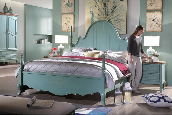 Gentle blue solid wood country-style bedroom furniture suite