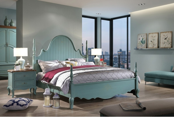 Gentle blue solid wood country-style bedroom furniture suite