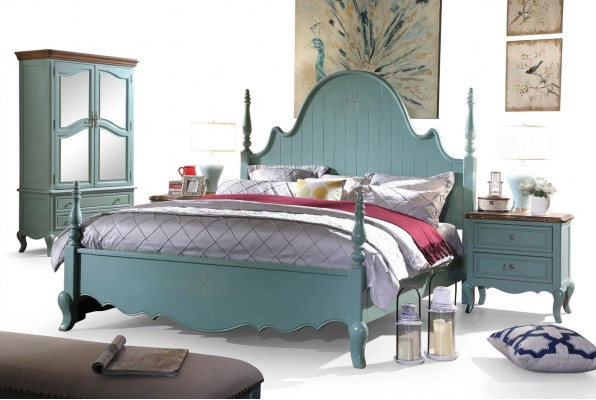 Gentle blue solid wood country-style bedroom furniture suite