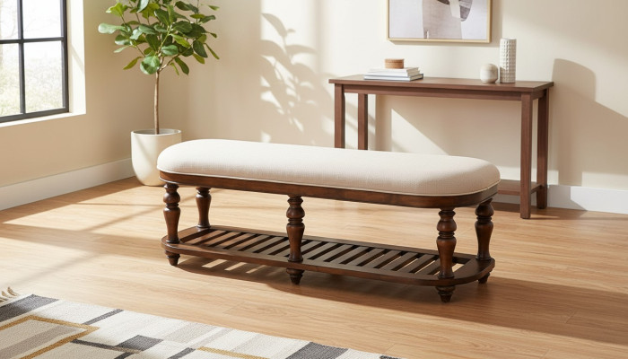 Stool Upholstered Stool Foot Furniture Living Seating Benches Seat Leather Beige Design Textile