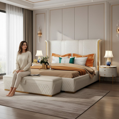 Double Bed Classic Bed Designer Upholstered Beds Frame Textile Leather White