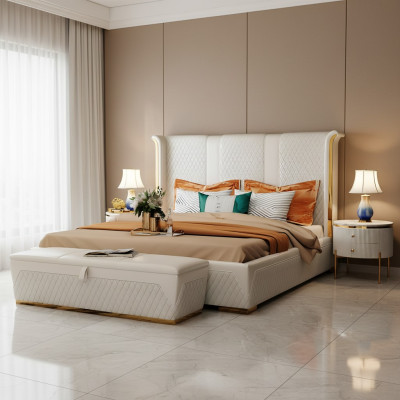 Double Bed Classic Bed Designer Upholstered Beds Frame Textile Leather White