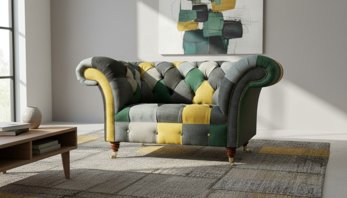 Chesterfield armchair, TV couch, 1.5-seater sofa, textile fabric couches, upholstery