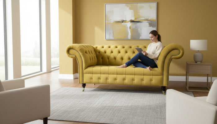 Chesterfield Design Luxury Upholstered Sofa Couch 2-Seater Suite Fabric Yellow New