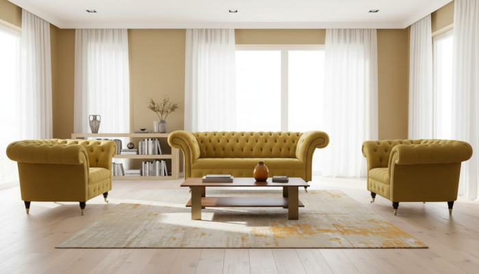 Chesterfield Design Luxury Upholstered Sofa Couch 2-Seater Suite Fabric Yellow New