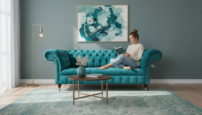 Chesterfield Couch Upholstered Sofas Classic Textile Turquoise 3-Seater Fabric