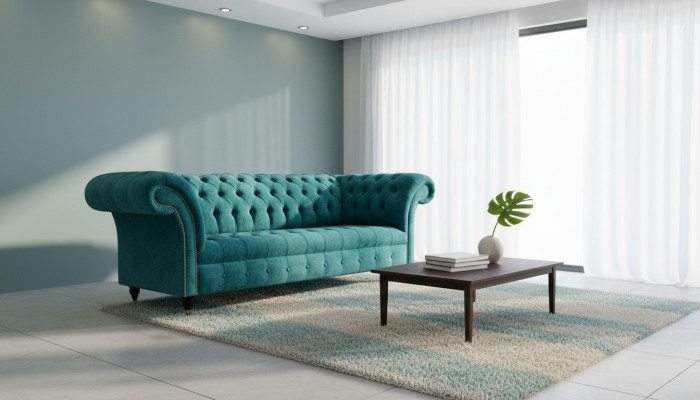 Chesterfield Couch Upholstered Sofas Classic Textile Turquoise 3-Seater Fabric