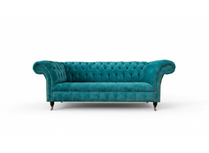 Chesterfield Couch Upholstered Sofas Classic Textile Turquoise 3-Seater Fabric