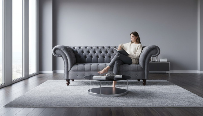 Chesterfield 3-seater living room couch sofa upholstery seat textile set gray