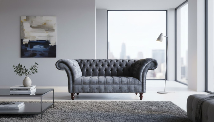 Chesterfield 3-seater living room couch sofa upholstery seat textile set gray