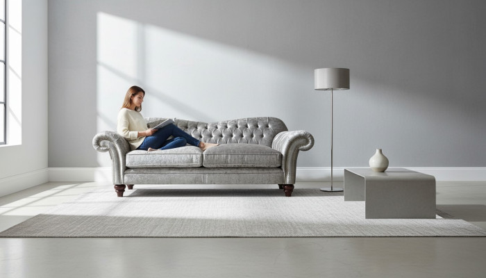 Three-seater sofa, 3-seat couch, Chesterfield upholstered seating set, grey velvet