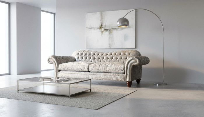 Three-seater sofa, 3-seat couch, Chesterfield upholstered seating set, grey velvet