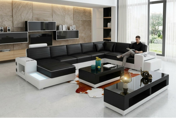 U-shaped sectional sofa, sideboard, coffee table, couch design, black, upholstery, leather, modern