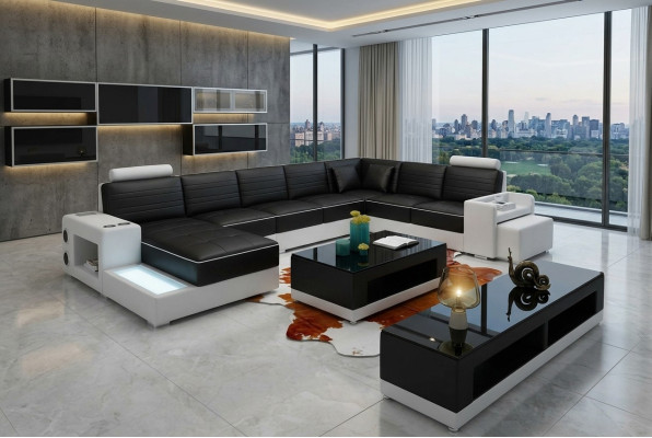 U-shaped sectional sofa, sideboard, coffee table, couch design, black, upholstery, leather, modern