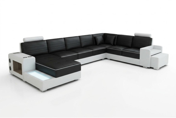 U-shaped sectional sofa, sideboard, coffee table, couch design, black, upholstery, leather, modern