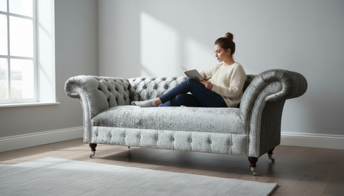 Sofa 2 Seater Chesterfield Couch Upholstery Velvet Fabric Two-Seater Velvet Gray Silver