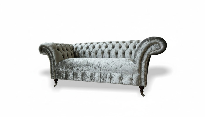 Sofa 2 Seater Chesterfield Couch Upholstery Velvet Fabric Two-Seater Velvet Gray Silver