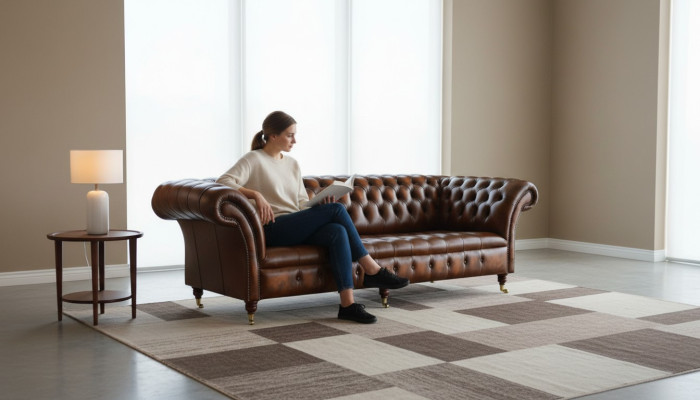 Brown Chesterfield Sofa Upholstery Leather Couch Set 4-Seater