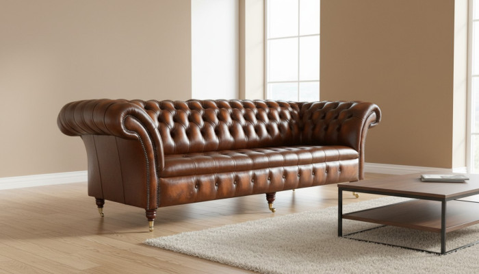 Brown Chesterfield Sofa Upholstery Leather Couch Set 4-Seater