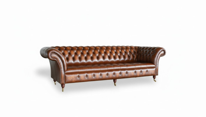 Brown Chesterfield Sofa Upholstery Leather Couch Set 4-Seater
