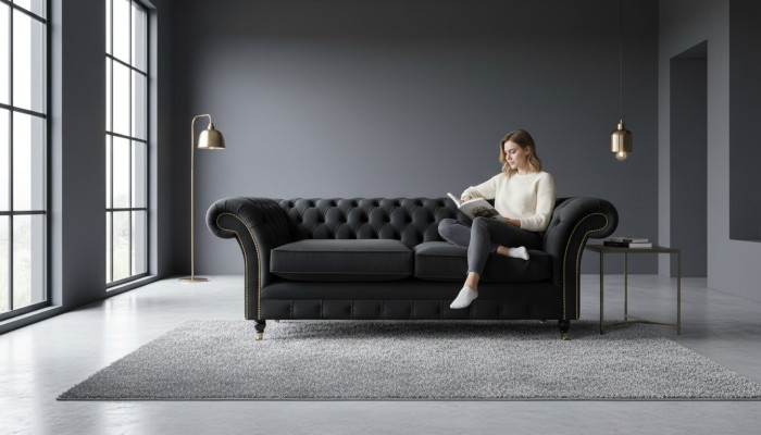 Chesterfield Couch Upholstered Sofas Classic Fabric Black Sofa 3 Seater