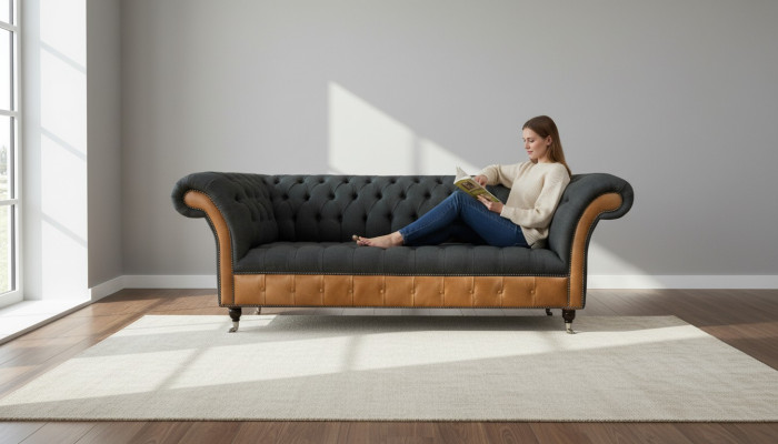 Fabric Couch Living Landscape 3-Seater Design Sofa Sofas Couches Gray Chesterfield