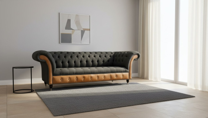 Fabric Couch Living Landscape 3-Seater Design Sofa Sofas Couches Gray Chesterfield