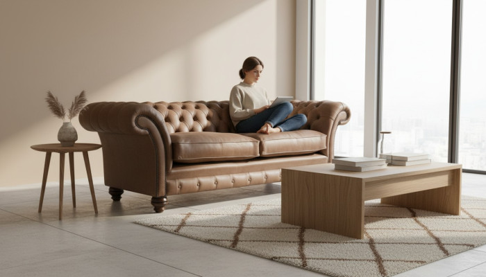 Design Sofa 3-Seater Couch Fabric Upholstery Brown Classic Sofas Chesterfield New
