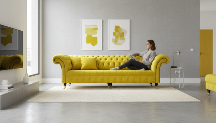 Yellow Sofa 4-Seater Couch Chesterfield Upholstery Seat Set Leather Textile Yellow