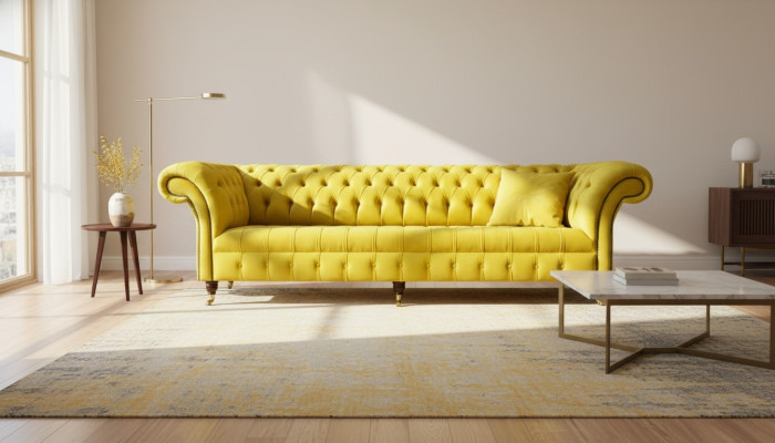 Yellow Sofa 4-Seater Couch Chesterfield Upholstery Seat Set Leather Textile Yellow