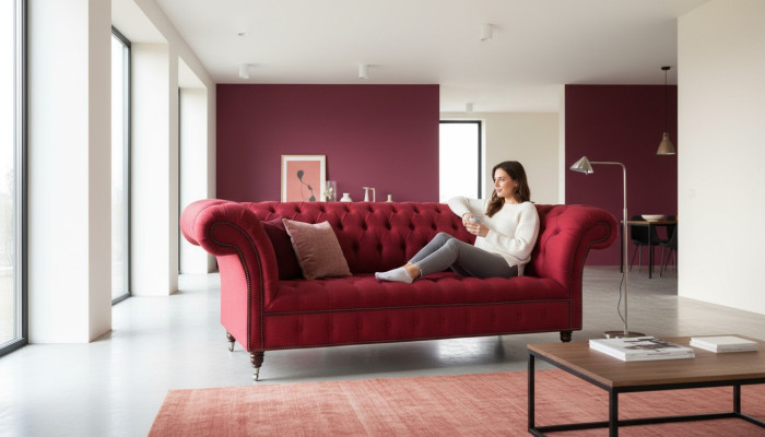 Three-seater design upholstered fabric sofa 3-piece furniture Chesterfield luxury red couches