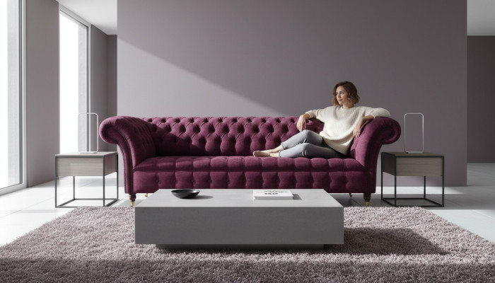 Sofa 3-seater Chesterfield sofas couches living room design textile fabric Bordeaux