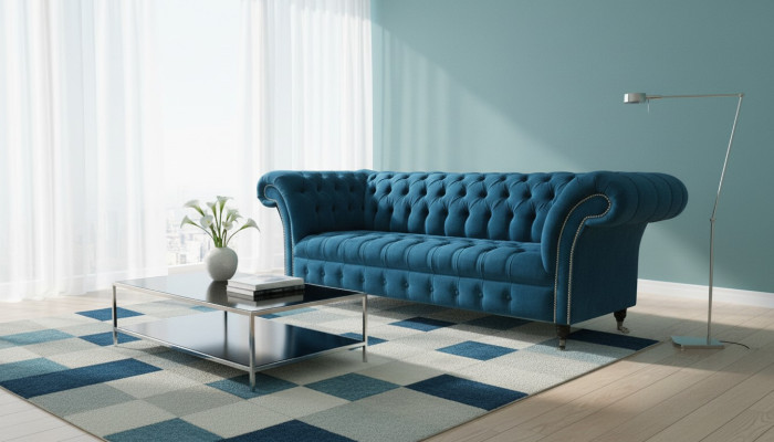Designer couch seat upholstery 3-seater blue fabric set sofa furniture turquoise new