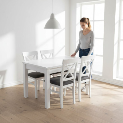 Design wood dining room set: table with 4 upholstered chairs set, 5-piece set.